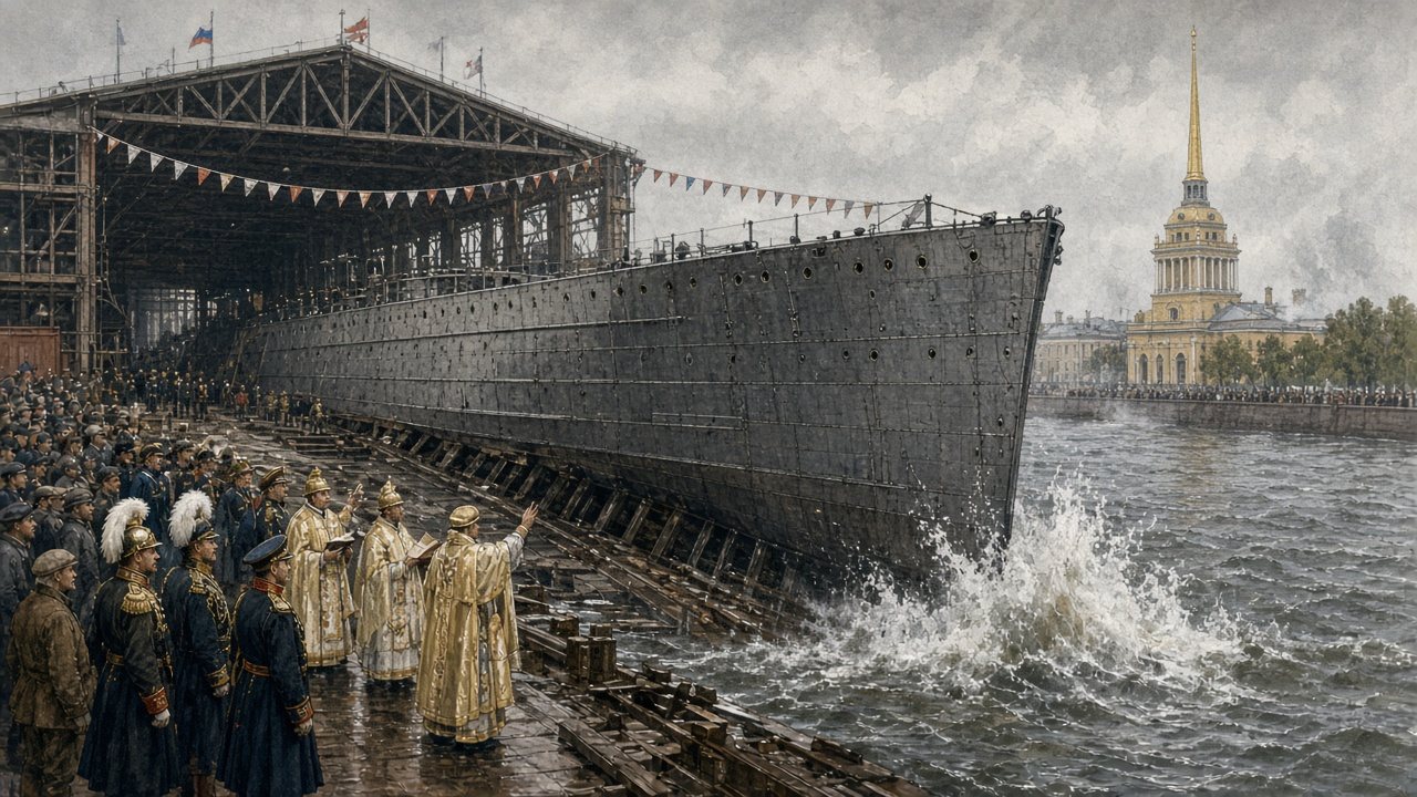 Спуск броненосца на воду на Новом Адмиралтействе